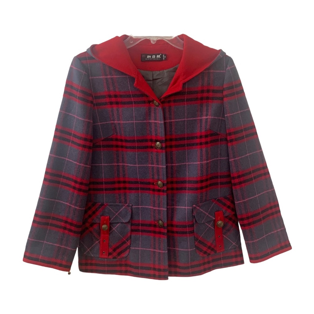 Plaid Preppy Academia Button Up Jacket Hood Cotton Blend Women’s Small